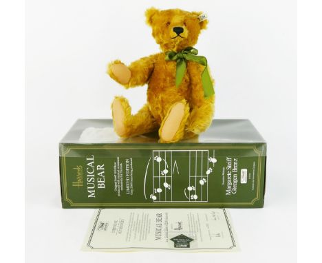 Steiff Harrods 1991 Musical Bear, mohair with green bow tie - white tag limited edition, EAN 011924, 30cm - boxed with number
