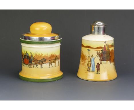 A Royal Doulton series ware tea caddy, decorated with a coaching scene, with silver plated cover 15cm high together with a ma
