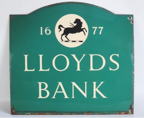 An enamel advertising sign "LLoyds Bank 1677" cream lettering to a green ground, 60 x 63cm. 