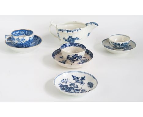 A 1st period Worcester tea bowl and saucer with Fence pattern decoration, a Pennington tea bowl and saucer, a Herculaneum Liv