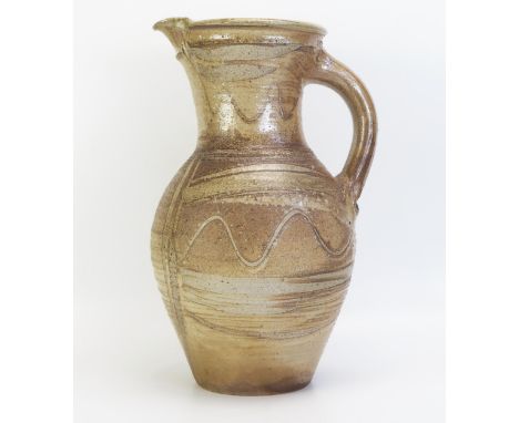 Michael Casson, a large studio pottery jug, with banded variegated and wavy decoration, impressed mark 42cm high. 