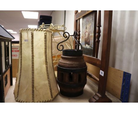 Unusual Dutch Ox yoke light, a wooden fire screen with painting of a Galleon and a wire wine rack