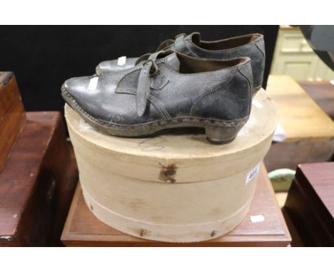 Vintage pair of leather & wood Clogs and a hatbox containing various vintage clothing etc to include a pair of Silk shoes rep