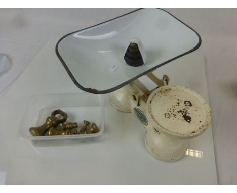 Set of Vintage Thornton & Co Enamel Scales and Weights together with another set of Seven Brass Weights