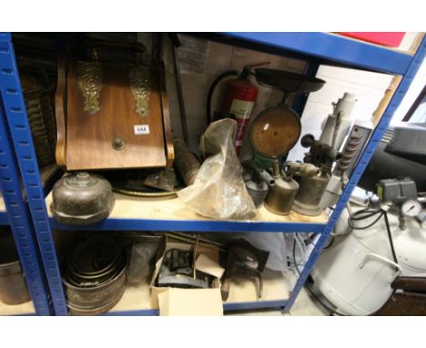 Two Shelves of Mixed Vintage Items including Wooden Coal Box, Scales, Brass Blow Torches, Fire Extinguisher, Brass Fire Irons