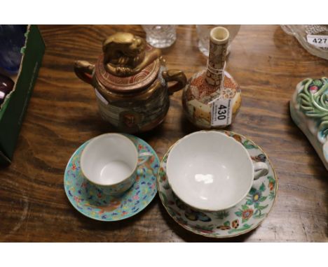 Two Chinese Export Cups and Saucers, heavily decorated together with Vintage Japanese Satsuma Vase and Jar decorated with Imm