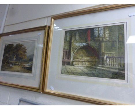 M Rayner, Watercolour of Crypt in Interior of Church together with 19th century Watercolour of Figure walking in Landscape an