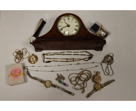 A fluorite crystal silver pendant, vintage necklaces, wristwatches, a small Napoleon hat mantel clock, a silver ball and chai