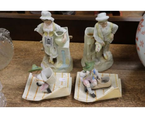 Pair of Continental ceramic spill vases and a pair of Match strikers 