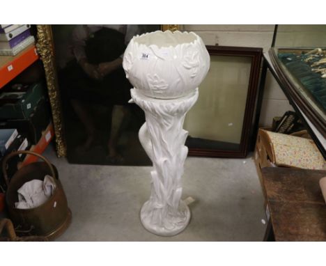 Italian Ceramic Plant Jardiniere and Pedestal decorated with a Heron in reeds