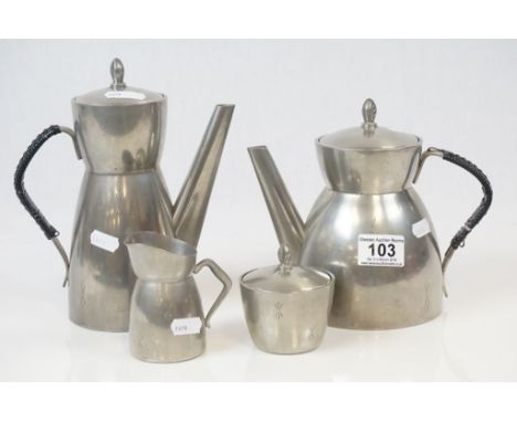 Norwegian Pewter four piece coffee set, marked to base "B M Pewter Norway" with Bird motif