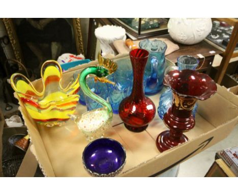 Quantity of Coloured Glass including Blue Glass Water Jug and Six Glasses, Murano Style Glass Bird, Studio Glass Bowl, Victor