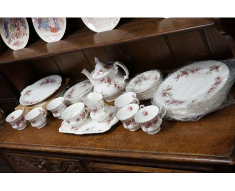 Royal Albert Tea service and Dinner plates in Lavender Rose pattern comprising Two Tier Cake Stand, 6 Cups, 6 Saucers, 6 Side