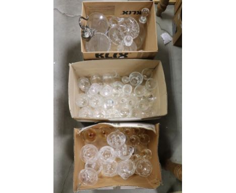 Three boxes of vintage drinking glasses, decanters etc to include Crystal