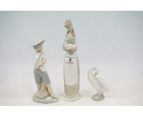 Nao Figure of a Boy with Sling Shot, Nao Girl holding a Ducj and Lladro Goose