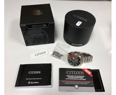 A cased Citizen Eco-Drive Gents stainless stell wristwatch, with spare links, instruction manual, presentation box and outer 