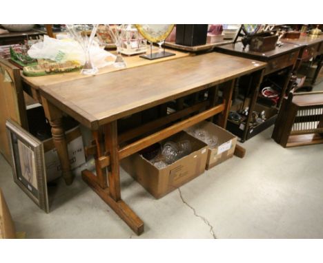 Vintage Rustic Pine and Fruit Wood Trestle Table