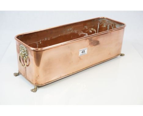 Large Copper Oblong Planter with Brass Lion Mask Ring Handle and Brass Paw Feet