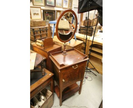 Edwardian Mahogany Inlaid Washstand with Telescopic Oval Mirror above Cabinet of Single Drawer, Pot Cupboard and Pot Shelf