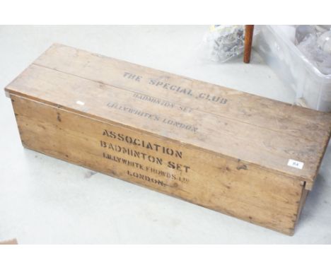 Wooden boxed vintage Badmington set, marked to lid "The Special Club Badmington Set Lillywhite's London
