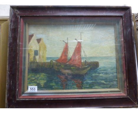 Impressionist oil painting of a Quayside with dwellings & fishing boats signed Jean M Smith