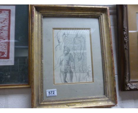 An interesting pencil sketch study of female nudes drawn on a book page entitled rudiments of Connoisseurship framed 