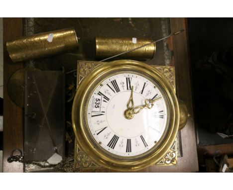 Brass wall clock with pulleys & weights, enamel dial, bell to the top and Fleur De Lys decoration