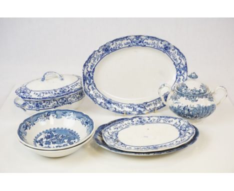 Two boxes of vintage blue & white china meat plates. bowls etc