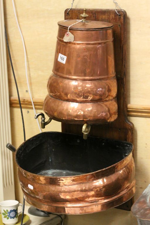 Vintage French Copper & Brass water dispenser with sink on a wooden plaque