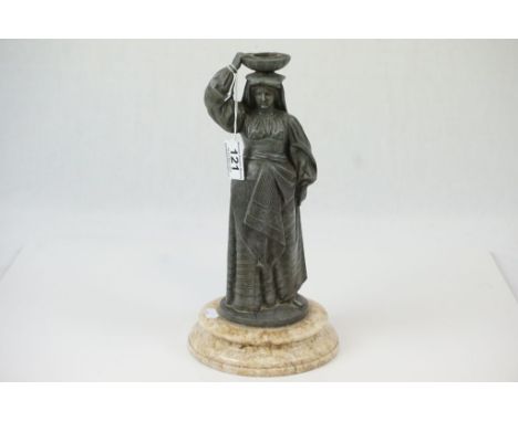 Vintage Oil lamp base in the form of a female made of Spelter on a Marble base