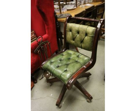 Mahogany Effect Swivel Office Chair with Green Button Leather Seat and Back 