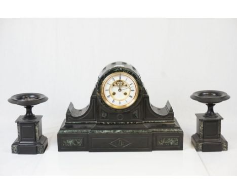Marble inlaid striking Slate Mantle clock with matching Garnitures, marked C.V to movement