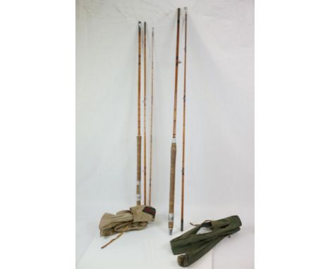 Two vintage Split Cane Fishing rods with canvas bags