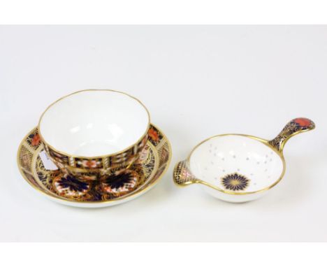 Royal Crown Derby Imari tea strainer, drip bowl and tray