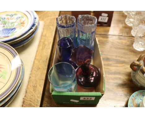 Five pieces of vintage coloured glass to include a beaker with hand painted image of "Mormon Temple Salt Lake City"
