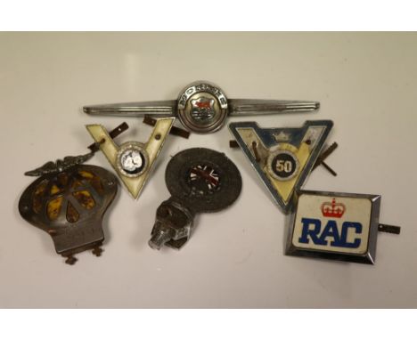 A vintage AA car badge, two Company of Veteran Motorists car badges, an RAC car plaque, Royal Automobile Club Associate car m