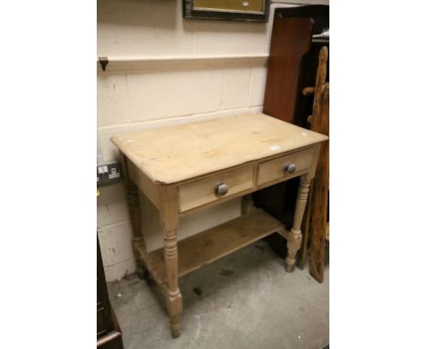 Victorian Pine Side Table with Two Drawers and Shelf Below