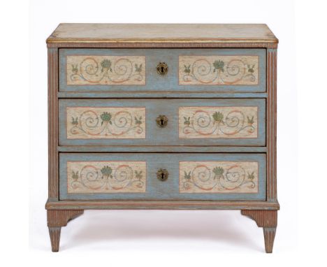 A Swedish polychrome-painted pine commode, Circa 1800, 91x97x49 cm, Decorated overall with grotesques and vase motives, the r