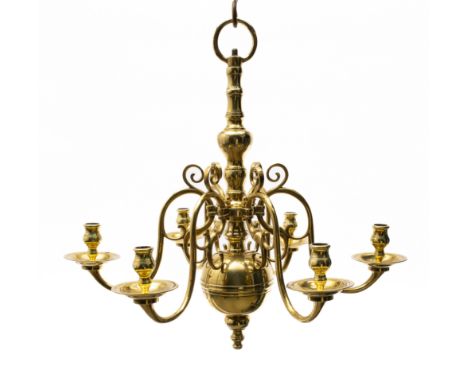 A Dutch brass six-light chandelier, Probably second half 18th century, H 57 cm, D 58 cm, The shaped baluster stem with interi