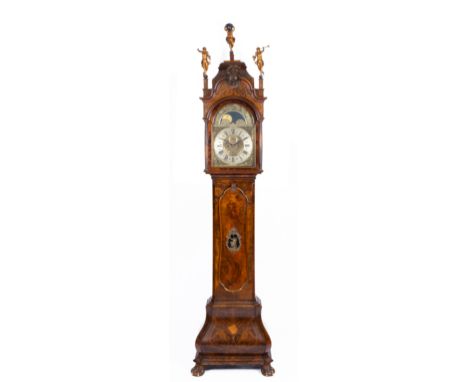 A Dutch burr-walnut longcase clock, Ca. 1900, 172, The case with fruitwood inlay, on ball-and-claw feet, the hood and dome wi