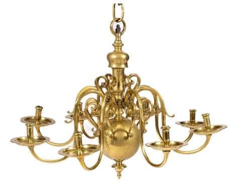 A Dutch brass eight-light chandelier, 17th century, H 64 cm, D 88 cm, The shaped baluster stem with interior iron rod, issuin