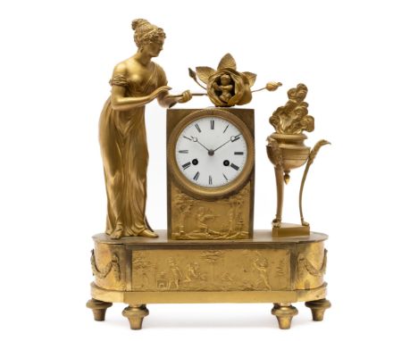 A French ormolu mantel clock 'La naissance du roi', First quarter 19th century, 44x35x13 cm, The case decorated with a brazie