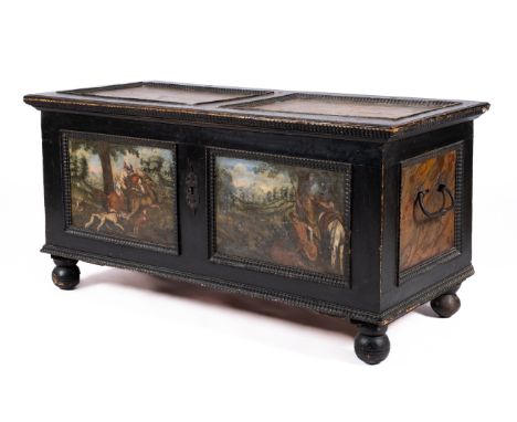 A South-German polychrome painted and ebonised chest, Late 17th/18th century, 73x149x68 cm, Ripple-moulded overall, the recta