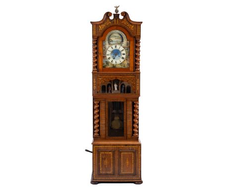 A large and rare Victorian mahogany and fruitwood inlaid musical longcase clock with automaton, By William Murray, Rothbury, 