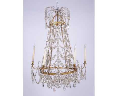 A North-European ormolu and rock-crystal six-light chandelier, Late 18th century, H ca. 112 cm, Provenance: Property of a Dut