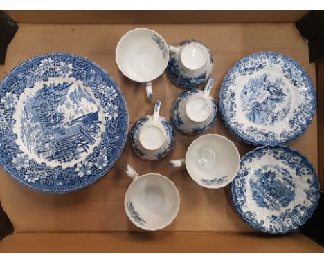 A collection of Johnson Bros and Royal Tudor ware blue and white coaching scenes / taverns to include 6 cups and saucers, 6 s