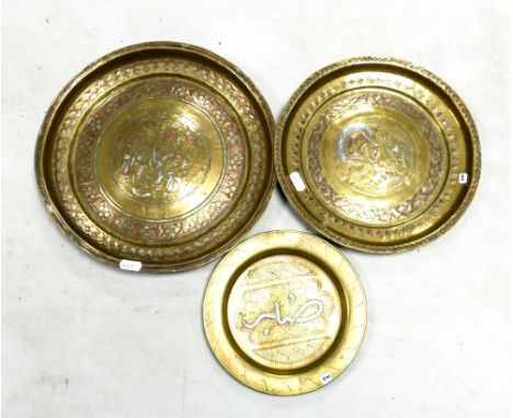Three Vintage Heavy Brass Indian Plates , two with images of Buddha, largest diameter 30cm(3) 