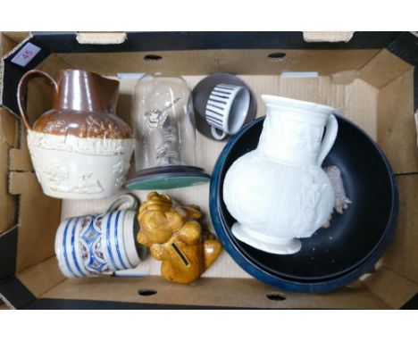 A mixed collection of items to include Royal Worcester 19th Century Relief Decorated Jug ( chipped), Sylvac Moneybox, Stonewa