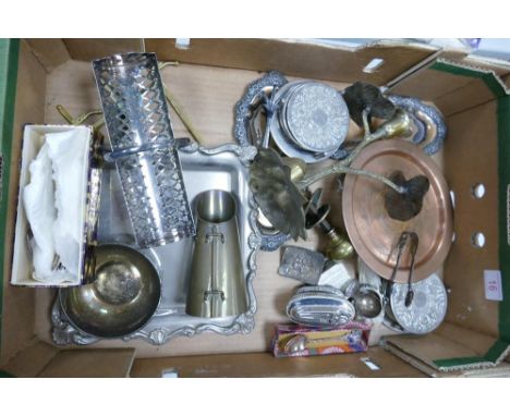 A mixed collection of metalware items to include brass picture frame, Brass Candlestick, silver plated coasters &amp; similar