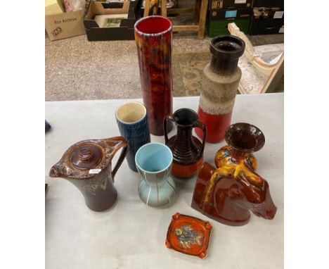 A collection of vintage art pottery, including vases,  dishes in various colours, tallest vase 36cm. (9) 